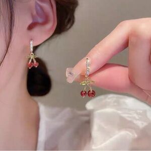 Cute 3D Fruit Cherry Green Red Hoop Earring (NWOT)
